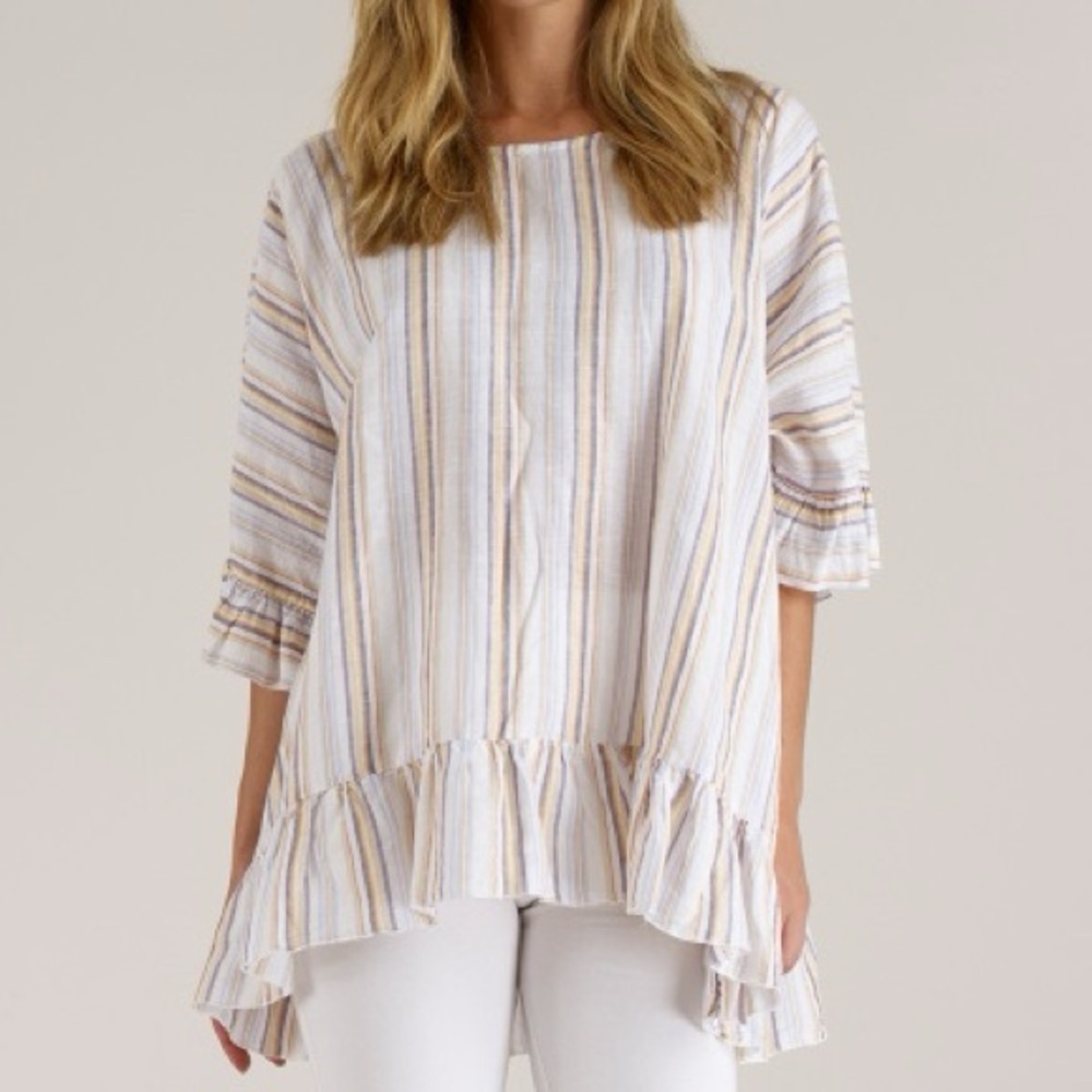 LUNA LUZ Striped Oversized Linen Ruffle Sleeve Top Boho Lagenlook L/XL